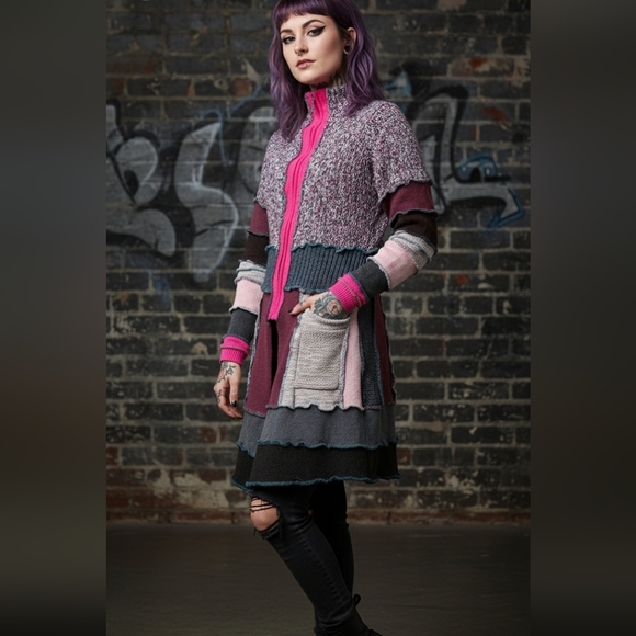 Vintage Knit Patchwork Cardigan Sweater Pink Red Gray Small - Picture 1 of 5